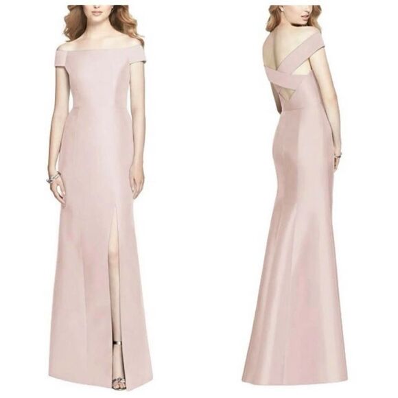 NWT Alfred Sung Cameo Satin Off The‎ Shoulder Floor Length Gown Size 4 - Picture 1 of 9